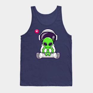 Cute Astronaut With Baby Alien Cartoon Tank Top